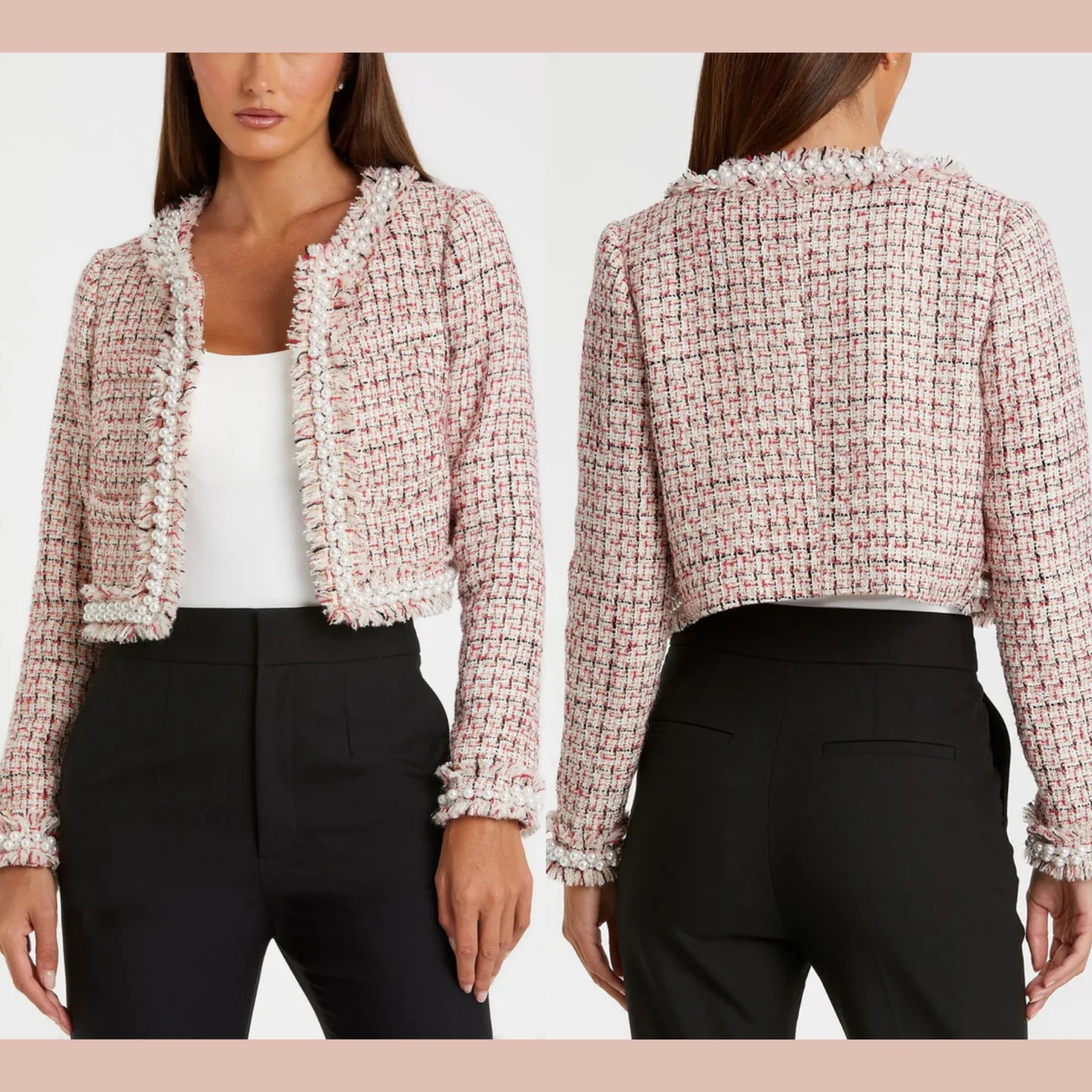 Nwt Mac Duggal [ Large ] R20801 Pearl Trim Long Sleeve Cropped Jacket Red U1969